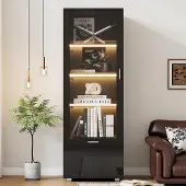 Sweiko Vitrinen mit Glastüren und LED-beleuchtete,Hochglanzvitrinen,3 Fachböden,Schwarz