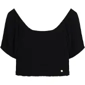 Superdry für Damen. W6011857A Schwarzes, gewebtes Oberteil mit Smokarbeit (L), Lässig, Viskose, Kurzarm