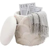 FineBuy Sitzhocker mit Stauraum Teddy Stoff 40cm Creme Stoffhocker Rund Polsterhocker
