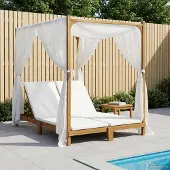 vidaXL Möbel Doppel-Sonnenliege mit Sonnendach und Vorhängen Creme - Gartenliegen &28945