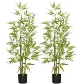 HOMCOM Bambus-Kunstbaum 2er-Set, 3 Stämme, pflegeleicht, 120 cm, Zementtopf, Grün