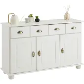 Idimex Sideboard COLMAR, Weiß - Landhaus Kommode mit 2 Schubladen und 3 Türen, Kiefer Massivholz, Muschelgriffe aus Metall, ideal für Flur oder Wohnzimmer
