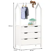 Idimex Kinderzimmer Kommode AMIRA mit Kleiderstange in Hausform - weiß, 3 Schubladen, integrierte Kleiderstange, Stauraum für Kleidung, Spielzeug, Bücher, Kiefernholz