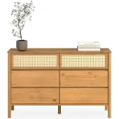 Idimex Kommode CEFIRA aus Massivholz, Eiche Finish - Anrichte mit 6 Schubladen, Sideboard im natürlichen Design, Aufbewahrungskommode mit dekorativen Rattangeflecht, Stauraumkommode für Wohnzimmer und Flur
