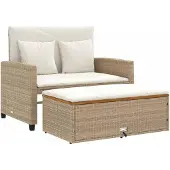 vidaXL Gartensofa mit Kissen 2-Sitzer Beige Poly Rattan & Akazienholz