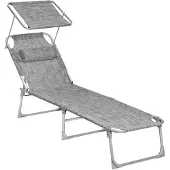 Songmics Sonnenliege, klappbarer Liegestuhl, 193 x 53 x 29 cm, max. Belastbarkeit 150 kg, mit Sonnenschutz, Kopfstütze und verstellbarer Rückenlehne, für Garten, Pool, Terrasse, greige GCB19T
