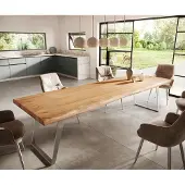 DELIFE Esstisch Edge 300x100cm XL Akazie Natur Edelstahl Silber schräg Live-Edge