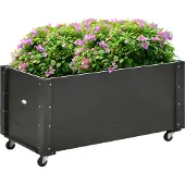 Outsunny Hochbeet Massivholz, Pflanzbeet mit Rollen, Frühbeet Gartenbeet Blumenkasten, Pflanzkasten Pflanzkübel 89x48x47cm für Garten, Terrasse, Blumenkübel für Kletterpflanzen, Blumen, Schwarz