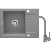 Deante Granitspülbecken mit Armatur, 1-Becken mit Abtropffläche - grau metallic - 580 x 440 x 164 mm
