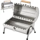 Relaxdays Tischgrill, 2 Grillflächen je 34 x 21,5 cm, Outdoor Camping, Klappgrill & Smoker, Holzgriff, Edelstahl, silber