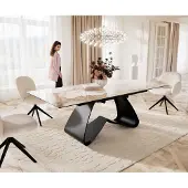 DELIFE Esstisch Edge 180-220x100 Keramik Minas Melange Weiß-Beige W-Gestell Schwarz ausziehbar
