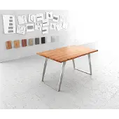DELIFE Esstisch Edge 140x90cm Akazie Natur Edelstahl Silber schräg Live-Edge