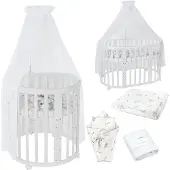 Waldin Babybett Oval 7in1, Matratze, Rollen, Regal,Stoffe Weiß Zweige,Holz Weiß