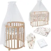 Waldin Babybett Naturholz Weiß Tiermuster, 128x78x79 cm, 7-fach umbaubar, inkl. 3-teiliger Schaumstoffmatratze & Rollen