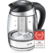TZS First Austria Edelstahl Glaswasserkocher mit Teefilter 1,8L, 2200W, Temperatureinstellung 40 Grad, Wasserkocher, Farbwechsel, LED Beleuchtung-Farbe je nach Temperaturwahl, schwarz