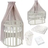 Waldin Mobiles Babybett OWAL aus Holz 7in1 mit Matratze, mitwachsend,Stoffe Taupe Zweige,Holz olive
