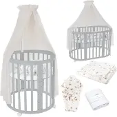 Waldin Mobiles Babybett OWAL aus Holz 7in1 mit Matratze, mitwachsend,Stoffe Champagner Löwenzahn,Holz grau