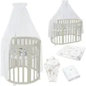 Waldin Mobiles Babybett OWAL aus Holz 7in1 mit Matratze, mitwachsend,Stoffe Weiß Zweige,Holz Olive