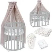 Waldin Mobiles Babybett OWAL aus Holz 7in1 mit Matratze, mitwachsend,Stoffe Taupe Zweige,Holz grau