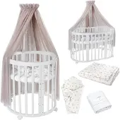 Waldin Mobiles Babybett OWAL aus Holz 7in1 mit Matratze, mitwachsend,Stoffe Taupe Zweige,Holz weiß