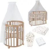 Waldin Mobiles Babybett OWAL aus Holz 7in1 mit Matratze, mitwachsend,Stoffe Weiß Löwenzahn,Holz natur