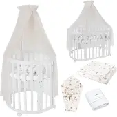 Waldin Babybett Oval 7in1, Matratze, Rollen, Regal,Stoffe Champagner Löwenzahn,Holz Weiß