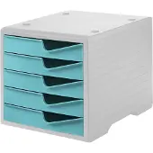 Styro Schubladenbox styroswing, 5 Schübe, Auszugsperre & Griffmulde, stapelbar, B 270 x T 340 x H 255 mm, Polystyrol, grau-aqua