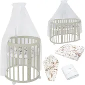 Waldin Mobiles Babybett OWAL aus Holz 7in1 mit Matratze, mitwachsend,Stoffe Weiß Tiere,Holz Olive