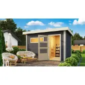 Karibu Saunahaus Helmi terragrau im Set mit finnischem 9kW Ofen