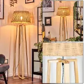 Hofstein Dello Stehlampe mit Holzfuß und Schirm aus Rattan