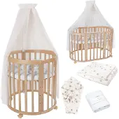 Waldin Babybett Oval 7in1, Matratze, Rollen, Regal,Stoffe Champagner Löwenzahn,Holz Natur