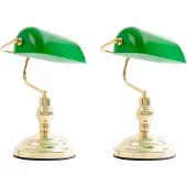 Etc-shop 2er Set Antike Schreibtischlampen aus Messing mit grünem Glas