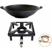 All'Grill Hockerkocher-Set (groß) mit Gusseisen-Wok Ø 37 cm inkl. Gasschlauch & Regler