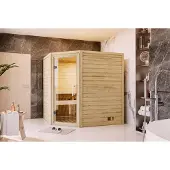 Karibu Sauna Innensauna Mia Eckeinstieg Ofen 9 kW externe Strg easy 224x184x202 cm mit Dachkranz mit Klarglastür