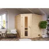 Karibu Sauna Innensauna Mia Eckeinstieg Ofen 9 kW integr. Strg 224x184x202 cm mit Dachkranz mit Energiespartür