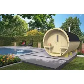 FinnTherm Fass-Sauna Levi aus Holz mit 42 mm Wandstärke besondere Dachform