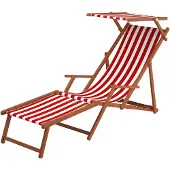 Erst-Holz Liegestuhl rot-weiß Sonnenliege Strandstuhl Deckchair Fußablage Kissen Sonnendach 10-314FSKH