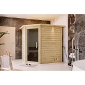 Karibu Sauna Innensauna Mia Eckeinstieg Ofen 9 kW integr. Strg 224x184x202 cm mit Dachkranz mit Graphittür