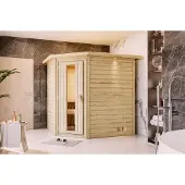 Karibu Sauna Innensauna Mia Eckeinstieg ohne Zubehör 224x184x202 cm mit Dachkranz mit Energiespartür