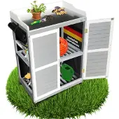 Coemo Gartenschrank Lola Holz Pflanztisch mit Arbeitsplatte, wasserabweisende PVC Wände Grau / Weiß