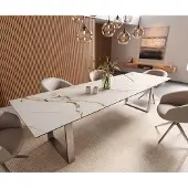 DELIFE Esstisch Edge 300x100 Keramik Calacatta Luxe Weiß-Gold-Grau Edelstahl Schmal
