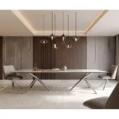 DELIFE Esstisch Edge 300x100 Keramik Minas Melange Weiß-Beige Estelar rund Edelstahl