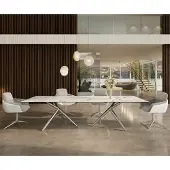 DELIFE Esstisch Edge 300x100 Keramik Calacatta Luxe Weiß-Gold-Grau Estelar rund Edelstahl