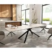 DELIFE Esstisch Edge 300x100 cm Keramik LaminamTravertino Bianco Creme-Weiß Kreuzgestell Rechteck Schwarz