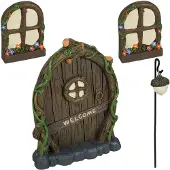 Relaxdays Feentür, 4-tlg. Set, 2 Wichtelfenster, 1 Wichtellicht, wetterfeste Gartendeko, Wichteltür, Kunststein, bunt