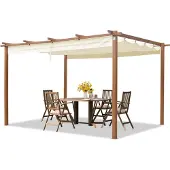 PRIMEYARD Pergola 3x4 m Terrassenüberdachung mit Schiebedach Stahlrahmen in Holzoptik