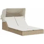 vidaXL Doppel-Sonnenliege mit Dach und Auflagen Beige Poly Rattan