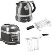 KitchenAid Artisan Frühstücksset inkl. Wasserkocher 5KEK1522, 2 Scheiben Toaster 5KMT2204 und Brötchenaufsatz Medaillon Silber