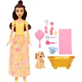 Disney Princess Disney Prinzessin Baden und Bürsten Belle-Modepuppe mit Hündchen (mit Farbwechseleffekt und Zubehör)