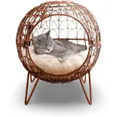 BURI Heimtier Schlafkörbchen Rattan mit Kissen 45x50cm Katze Katzenbett Kugel Schlafplatz